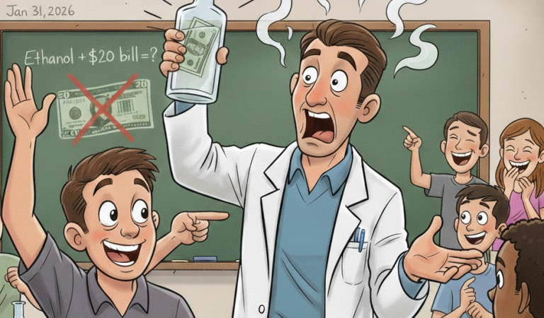 A chemistry teacher puts a $20 bill in a bottle of ethanol